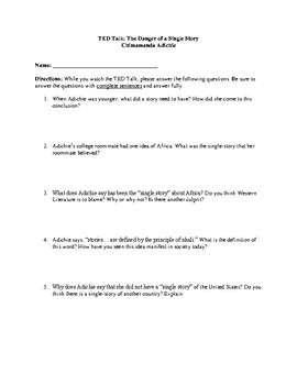 Preview of TED Talk: The Danger of a Single Story (Worksheet)