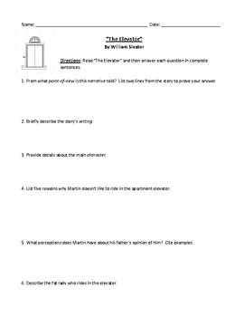 Preview of "The Elevator" by William Sleator Worksheet, Test, or Homework with Answer Key