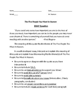 5 People You Meet In Heaven Assessment Worksheets Tpt