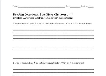Preview of "The Giver" Reading Questions