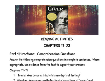 Preview of "The Giver" by Lois Lowry Chapters 17-23 Activity Guide