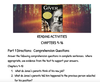 Preview of "The Giver" by Lois Lowry Chapters 9-16 Activity Guide