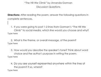 Preview of "The Hill We Climb" by Amanda Gorman Poetry Discussion Questions