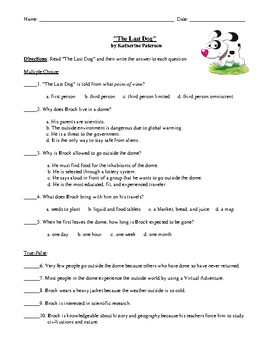 Preview of "The Last Dog" Worksheet, Assessment, or Homework with Detailed Answer Key