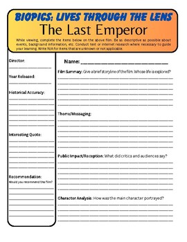 Preview of "The Last Emperor" Movie Worksheet [Qing Dynasty - China] (Pu Yi Biopic)