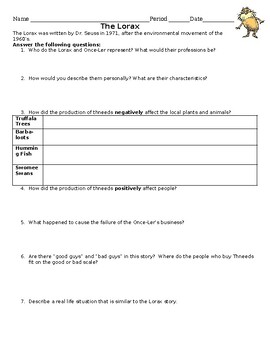 Preview of "The Lorax" Video Guided Worksheet Activity Environmental Science Earth Day