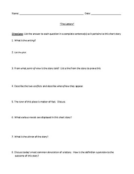 Preview of "The Lottery" Worksheet, Test, or Homework Assignment with Detailed Answer Key