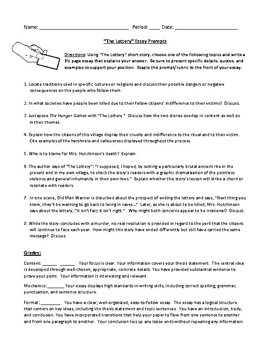 Preview of "The Lottery" Essay Prompt Assignment Sheet with Detailed Rubric