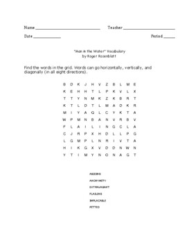 Preview of "The Man in the Water" Essay Vocabulary Word Search Words Only (R. Rosenblatt)
