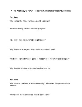 Preview of "The Monkey's Paw" Reading Comprehension Questions
