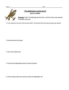 Preview of "The Nightingale and the Rose" Worksheet, Assessment, or Homework and Answer Key