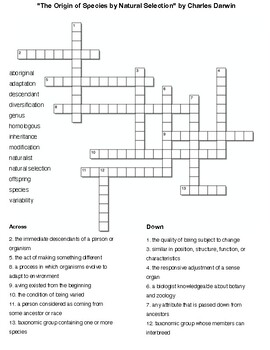 The Origin of Species by Natural Selection vocabulary crossword and