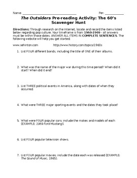 Preview of "The Outsiders" Pre-Reading Online Scavenger Hunt
