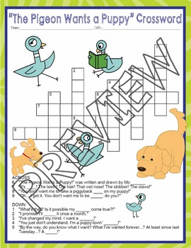 The Pigeon Wants a Puppy Activities Mo Willems Crossword Puzzle Word
