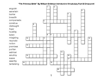 The Princess Bride Introduction﻿ Vocabulary Crossword Part B by BAC