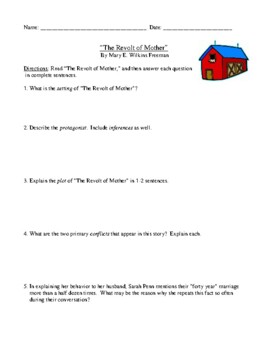 Preview of "The Revolt of Mother": Worksheet, Test, or Homework with Detailed Answer Key