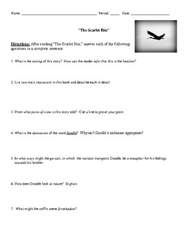 Preview of "The Scarlet Ibis" Worksheet, Assessment, or Homework with Complete Answer Key