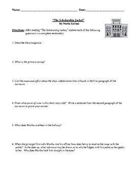 Preview of "The Scholarship Jacket" Worksheet, Test, or Homework Assignment and Answer Key