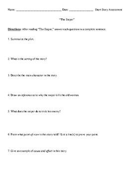 Preview of "The Sniper" Worksheet, Assessment, or Homework with Detailed Answer Key