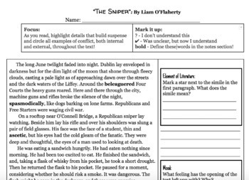 Preview of "The Sniper" Short Story Close Read Activity