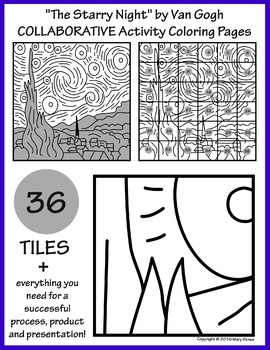 Preview of "The Starry Night" by Van Gogh COLLABORATIVE Activity Coloring Pages