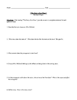 Preview of "The Story of an Hour" Worksheet or Assessment with Detailed Answer Key