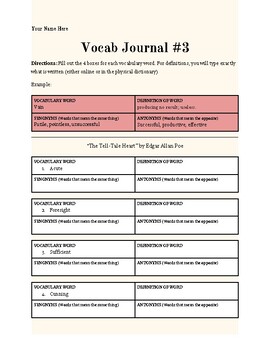 Preview of "The Tell-Tale Heart" Four Square Vocab Journal