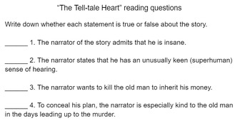 Preview of "The Tell-Tale Heart" reading, questions, and answer key by Edgar Allan Poe