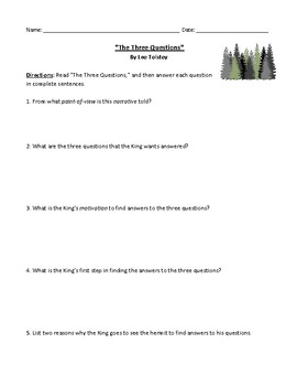 Preview of Leo Tolstoy's "The Three Questions": Worksheet or Test with Detailed Answer Key