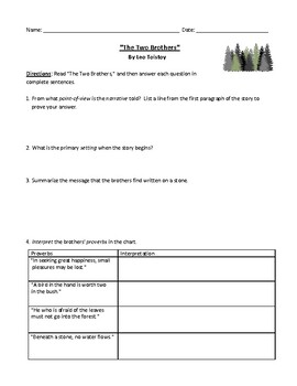Preview of "The Two Brothers" by Leo Tolstoy: Test, Worksheet, or Homework with Answer Key