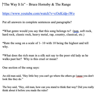 Preview of Civil Rights - "The Way It Is" - Bruce Hornsby song journal writing prompt