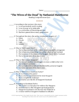 The Wives of the Dead by Nathaniel Hawthorne Quiz and Answer Key (Google)