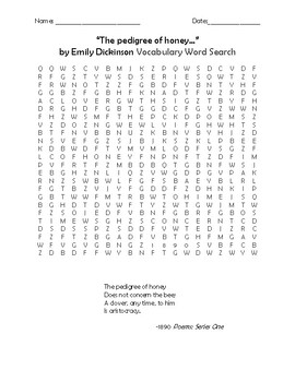 Preview of "The pedigree of honey..." by Emily Dickinson Vocabulary Word Search and Poem