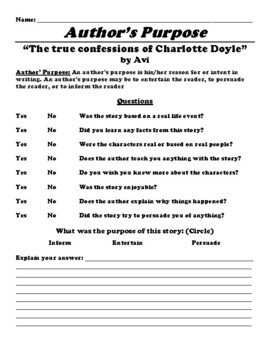 Preview of “The true confessions of Charlotte Doyle”  Author's Purpose Worksheet