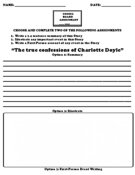 Preview of “The true confessions of Charlotte Doyle” UDL Choice Board Worksheet