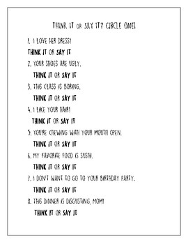 think it or say it social skills worksheet by school psychology corner