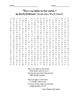 Preview of "This is my letter to the world..." by Emily Dickinson Word Search and Poem