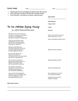 Preview of "To An Athlete Dying Young" (Housman): Poetry Close Reading & Guided Response