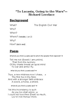 Preview of "To Lucasta..."-Richard Lovelace/ Background activity, poem, & analysis activity