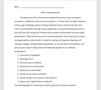 Preview of "Tout sur moi" presentation outline and rubric