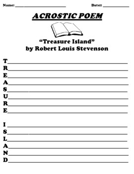 Preview of “Treasure Island” by Robert Louis Stevenson ACROSTIC POEM WORKSHEET
