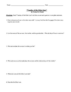 Preview of "Tuesday of the Other June" Worksheet or Assessment with Detailed Answer Key