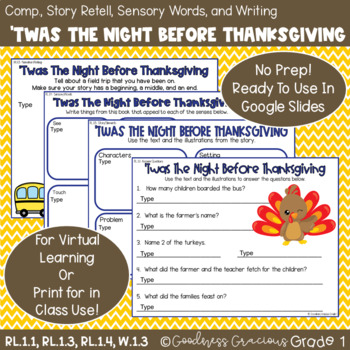 Preview of 'Twas The Night Before Thanksgiving Comp., Story Elements, 5 Senses, & Writing