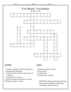 Preview of "Two Kinds" Short Story Vocabulary Crossword Puzzle WITH Word Bank by Amy Tan