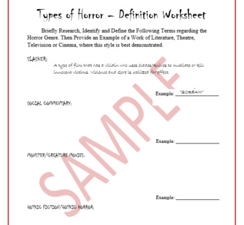 Preview of "Types of Horror" - Definitions Worksheet - Halloween English Activities