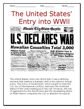 Preview of "U.S. Enters WWII" Reading in English and Spanish for ELLs / ESOLs