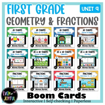 Preview of [UNIT 9] Bundle: 1st Grade Math Boom Cards | Geometry and Fractions