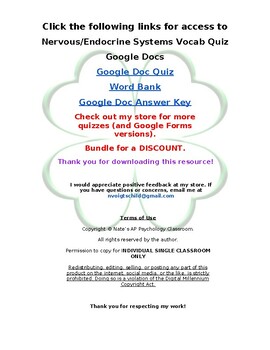 Preview of *UPDATED* Nervous/Endocrine Systems Vocab Quiz-Google Docs-Myers'PsychologyforAP
