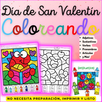 Preview of  Valentine Day Color by Code Grammar Spanish  Colorea segun la clave 