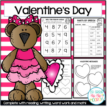 Preview of Valentine's Day Themed Activities including Reading, Writing, Math and Crafts